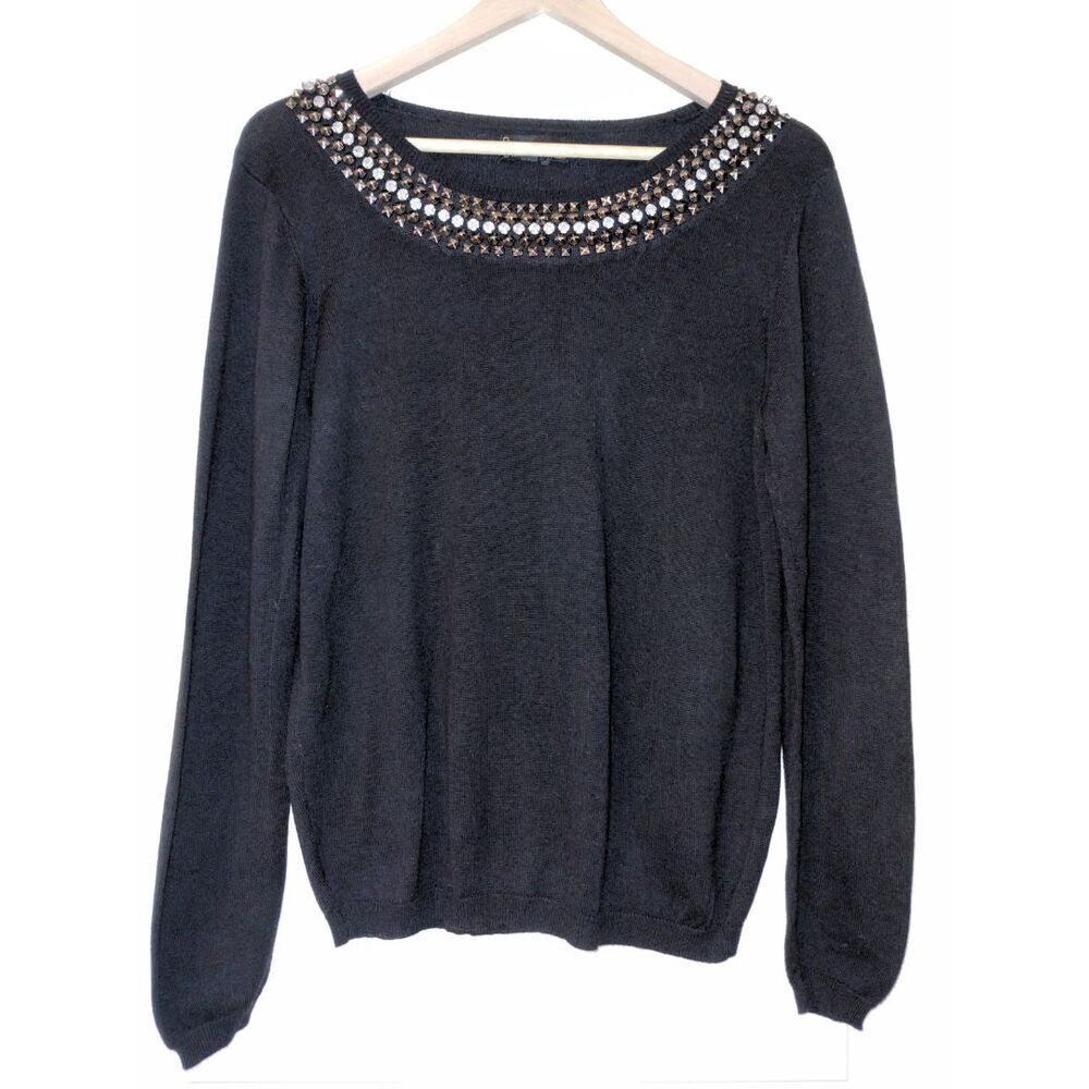 Women's iJeans by Buffalo Black Pull-Over Sweater with Beaded Neckline (Size Lg)